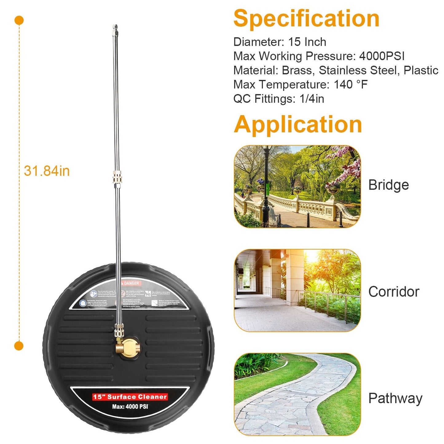 High Pressure Flat Surface Cleaner 4000PSI Disc Power Washer Broom With 2 Washer Extension Wands 2Pc Replacement Nozzles - MSSempire