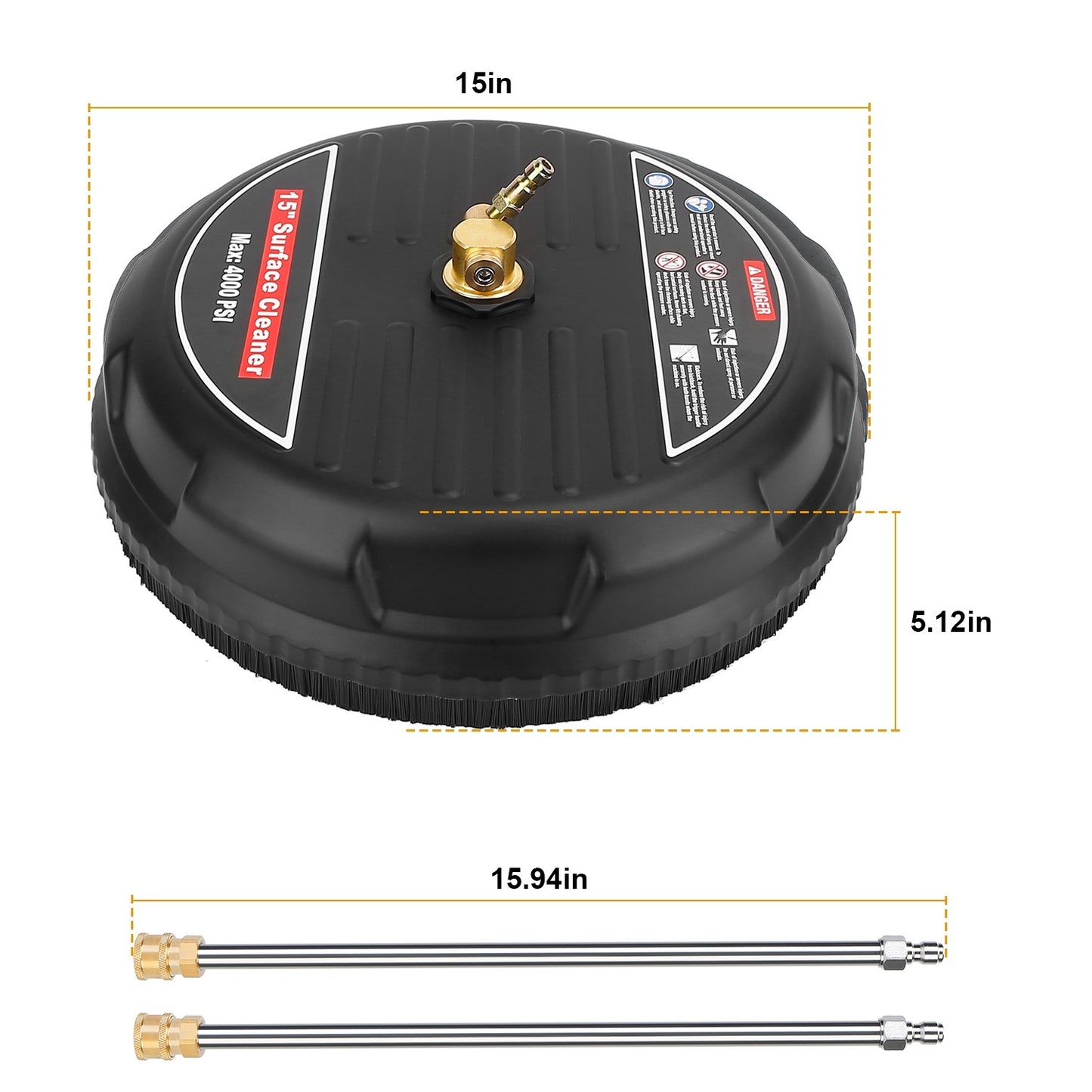 High Pressure Flat Surface Cleaner 4000PSI Disc Power Washer Broom With 2 Washer Extension Wands 2Pc Replacement Nozzles