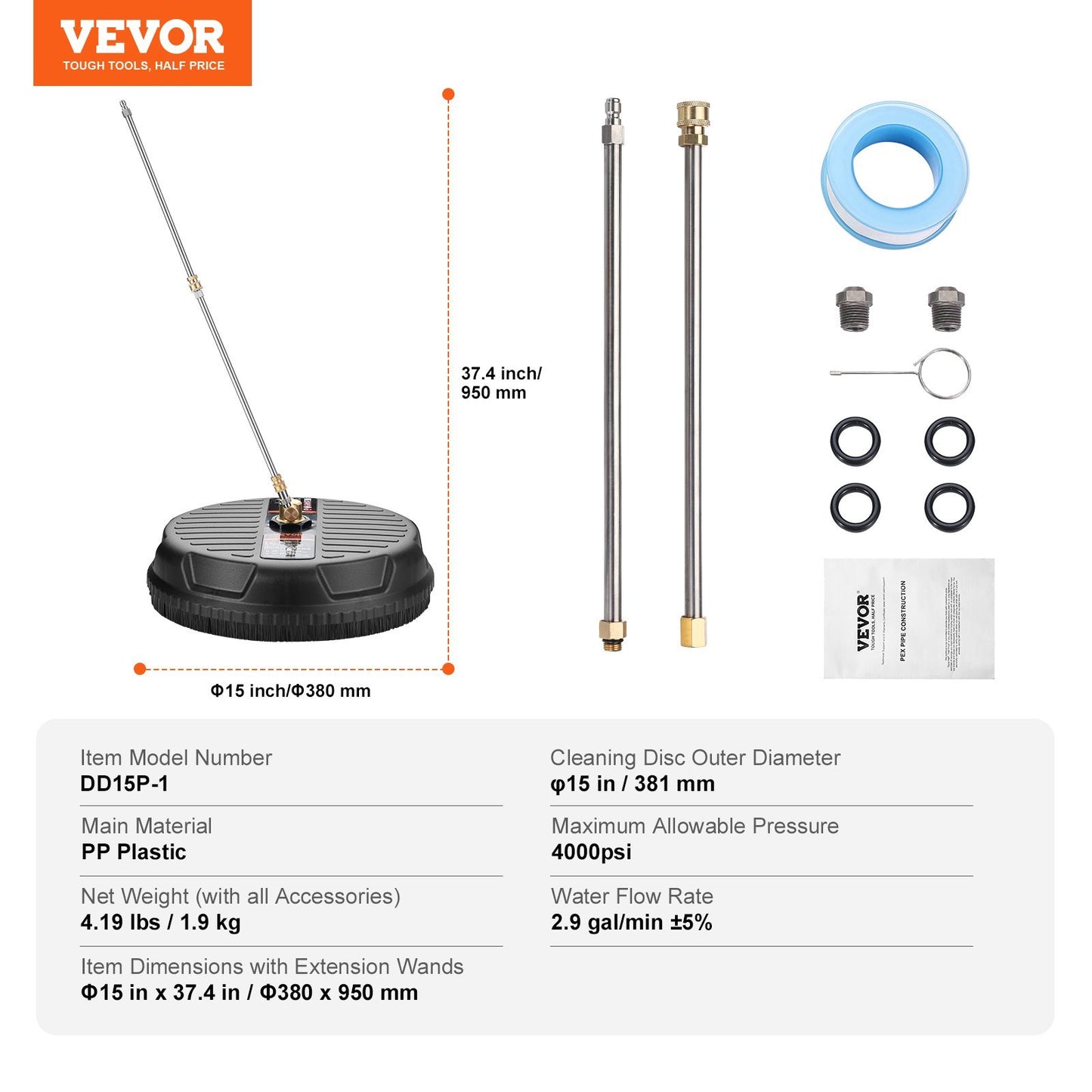 Pressure Washer Surface Cleaner Universal, Pressure Washer Attachment 4000 Max PSI With 2 Extension Wand,  Quick-Connect Connector Power Concrete Cleaner, For Floor Driveway, Patio
